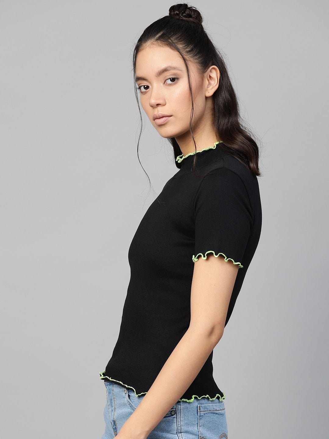 Women's Black Rib Contrast Stitch High Neck Top - SASSAFRAS