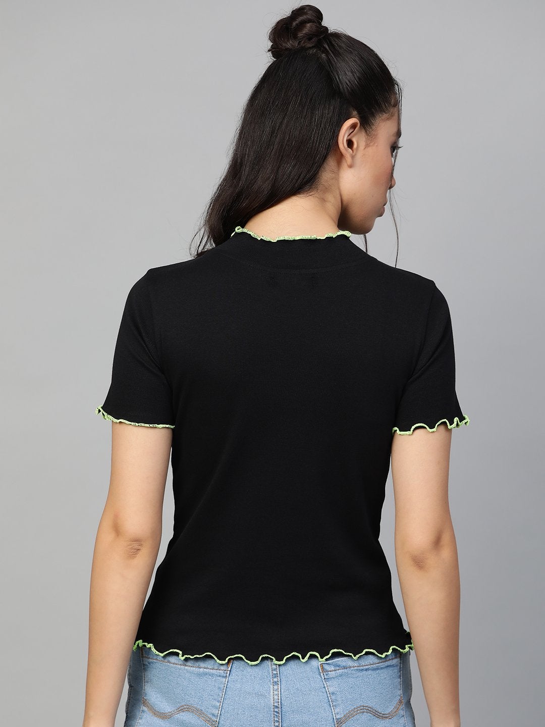 Women's Black Rib Contrast Stitch High Neck Top - SASSAFRAS
