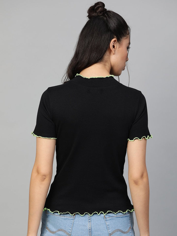 Women's Black Rib Contrast Stitch High Neck Top - SASSAFRAS