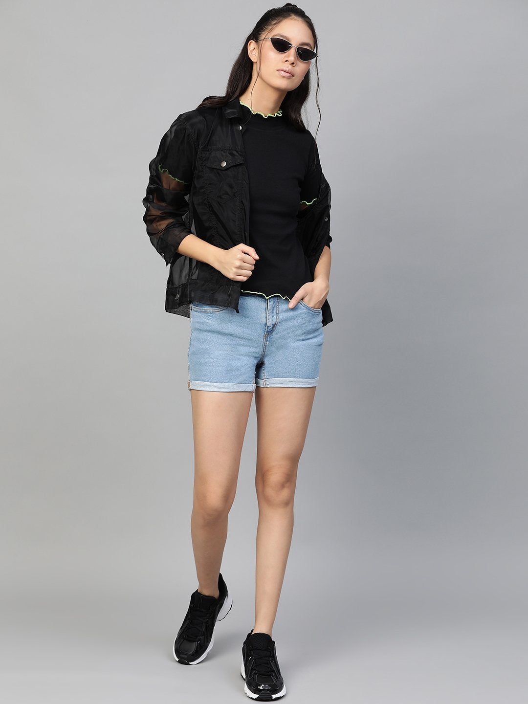 Women's Black Rib Contrast Stitch High Neck Top - SASSAFRAS