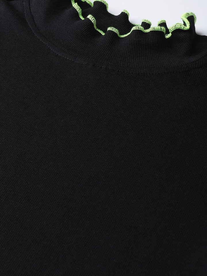 Women's Black Rib Contrast Stitch High Neck Top - SASSAFRAS