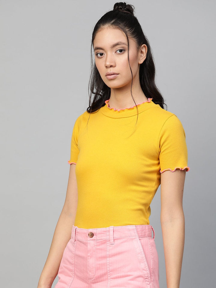 Women's Mustard Rib Contrast Stitch High Neck Top - SASSAFRAS