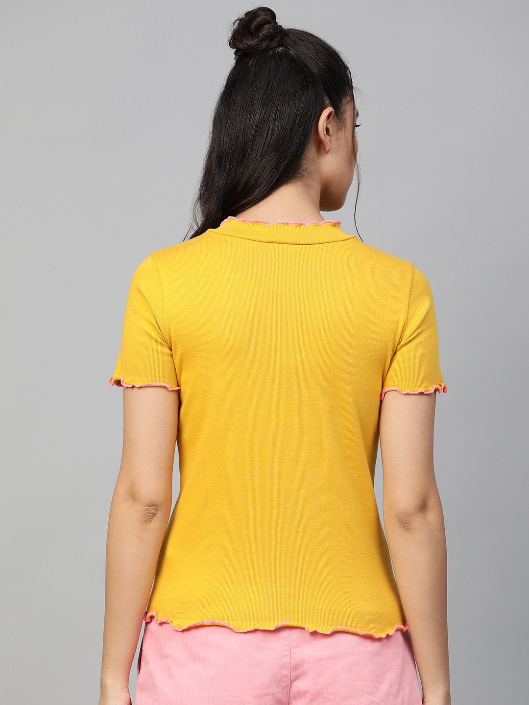 Women's Mustard Rib Contrast Stitch High Neck Top - SASSAFRAS