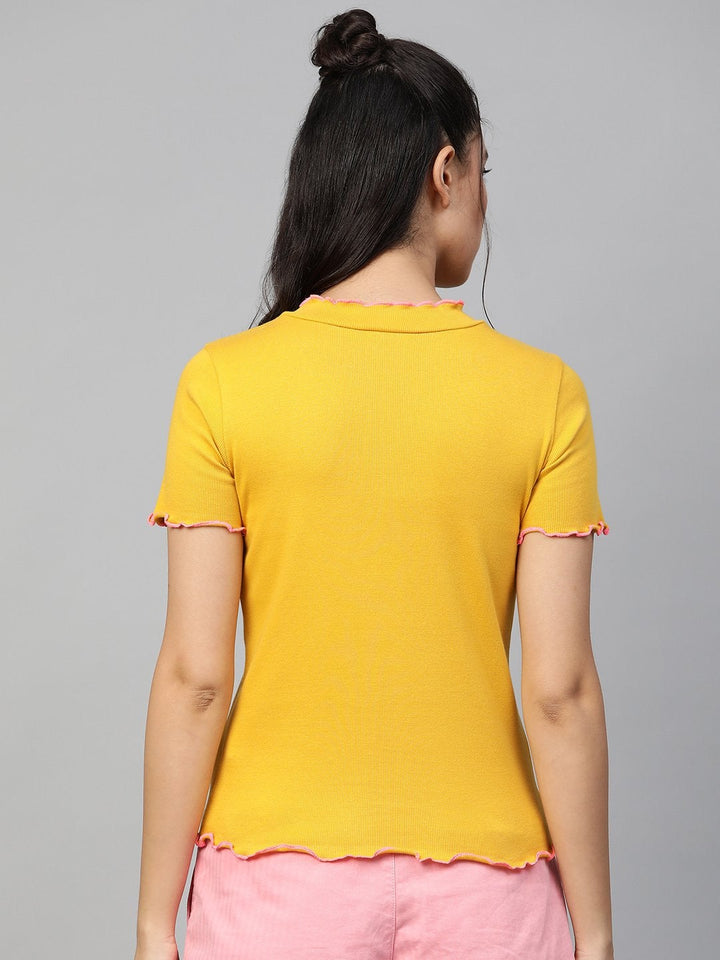 Women's Mustard Rib Contrast Stitch High Neck Top - SASSAFRAS