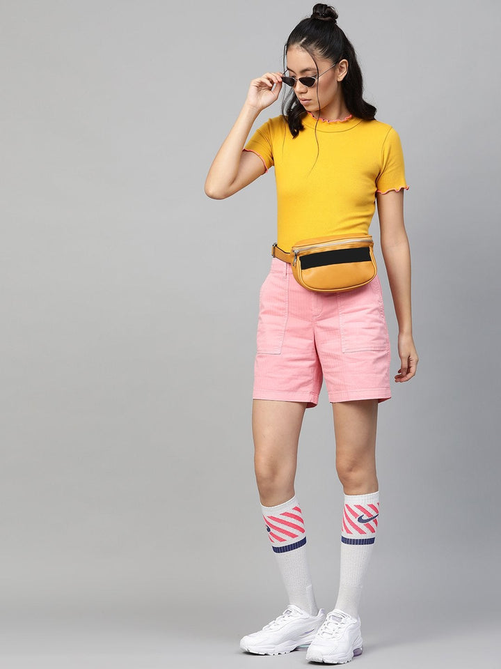 Women's Mustard Rib Contrast Stitch High Neck Top - SASSAFRAS