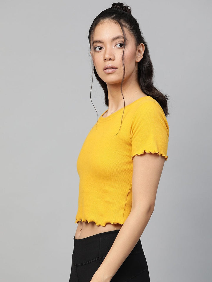 Women's Mustard Rib Round Neck Crop Top - SASSAFRAS
