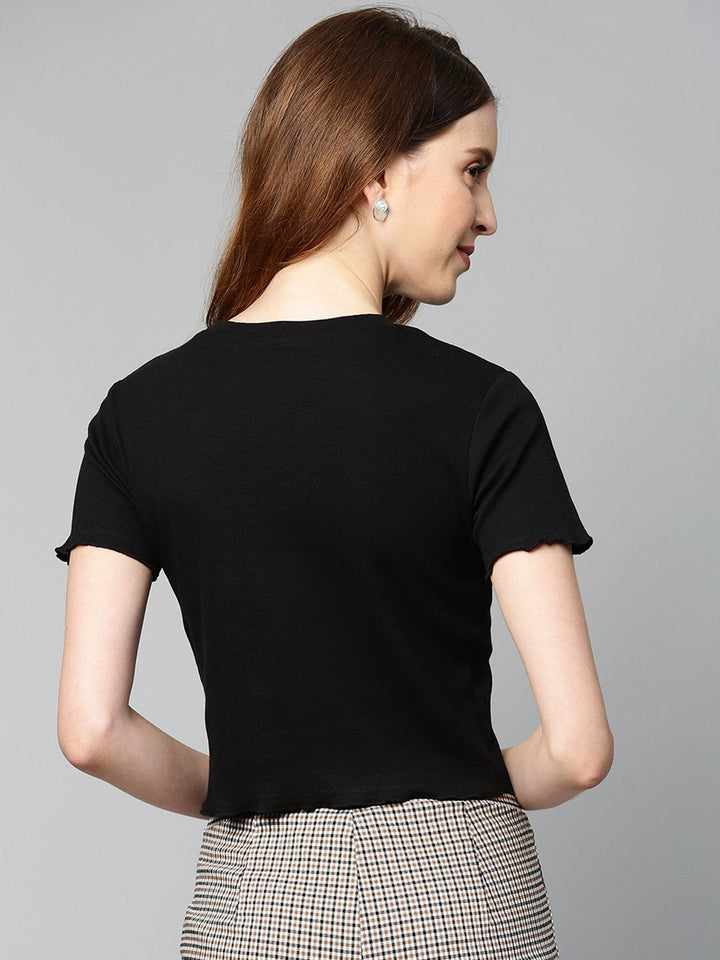 Women's Black Rib Round Neck Crop Top - SASSAFRAS