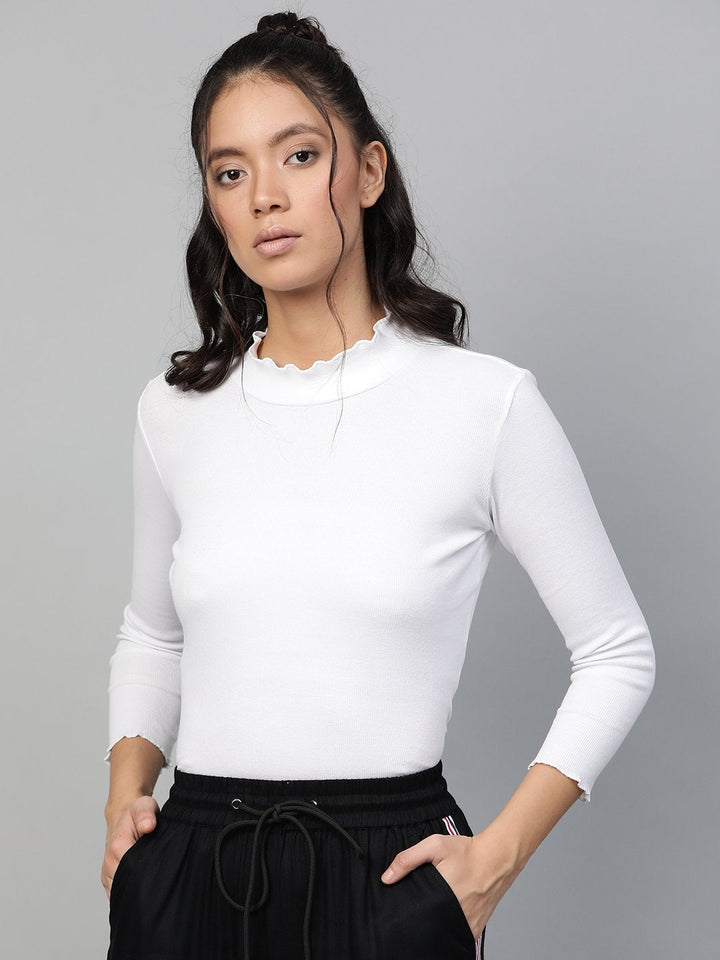 Women's White Rib High Neck Full Sleeve Top - SASSAFRAS