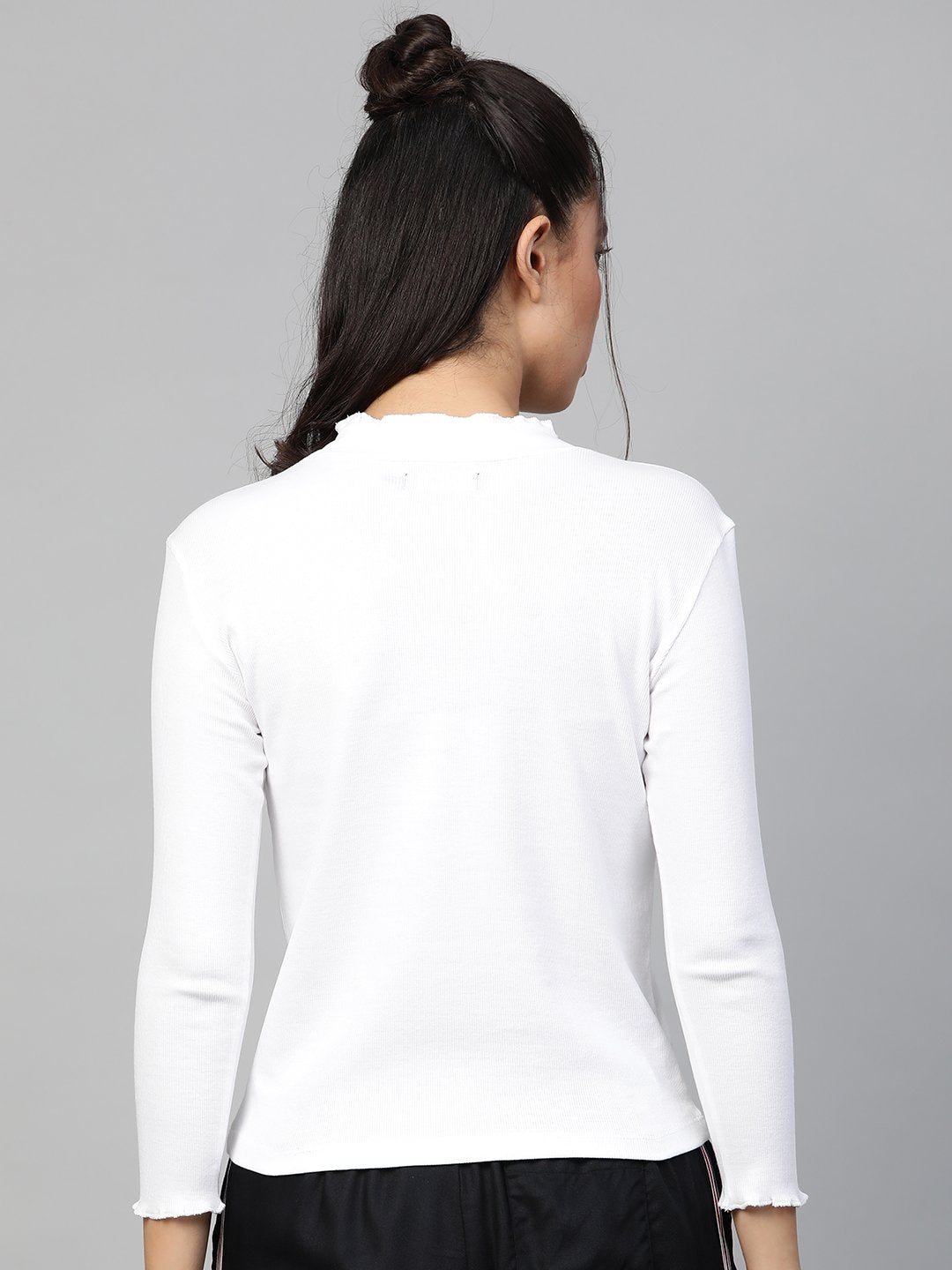 Women's White Rib High Neck Full Sleeve Top - SASSAFRAS