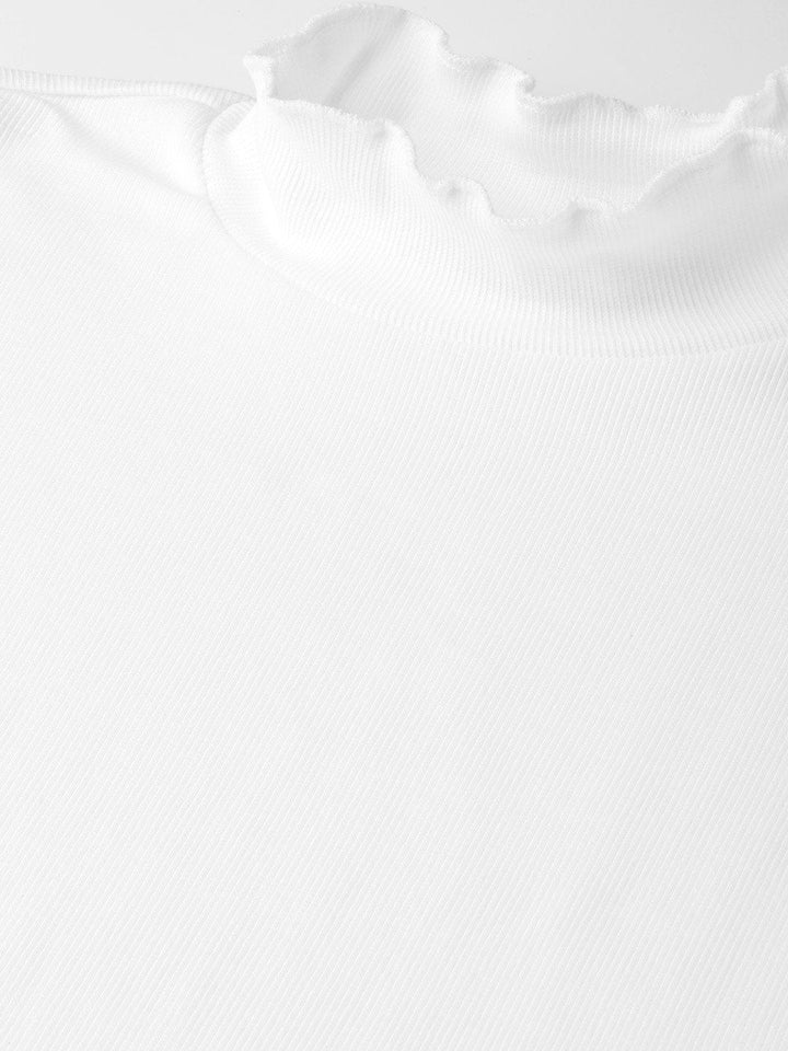 Women's White Rib High Neck Full Sleeve Top - SASSAFRAS