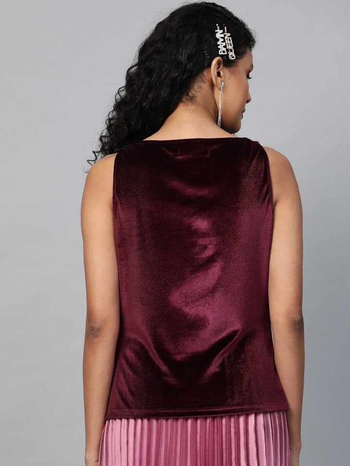 Women's Burgundy Velvet Cowl Neck Top - SASSAFRAS