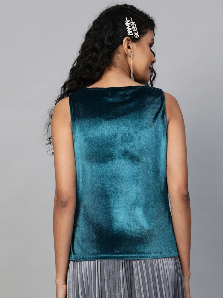 Women's Teal Velvet Cowl Neck Top - SASSAFRAS