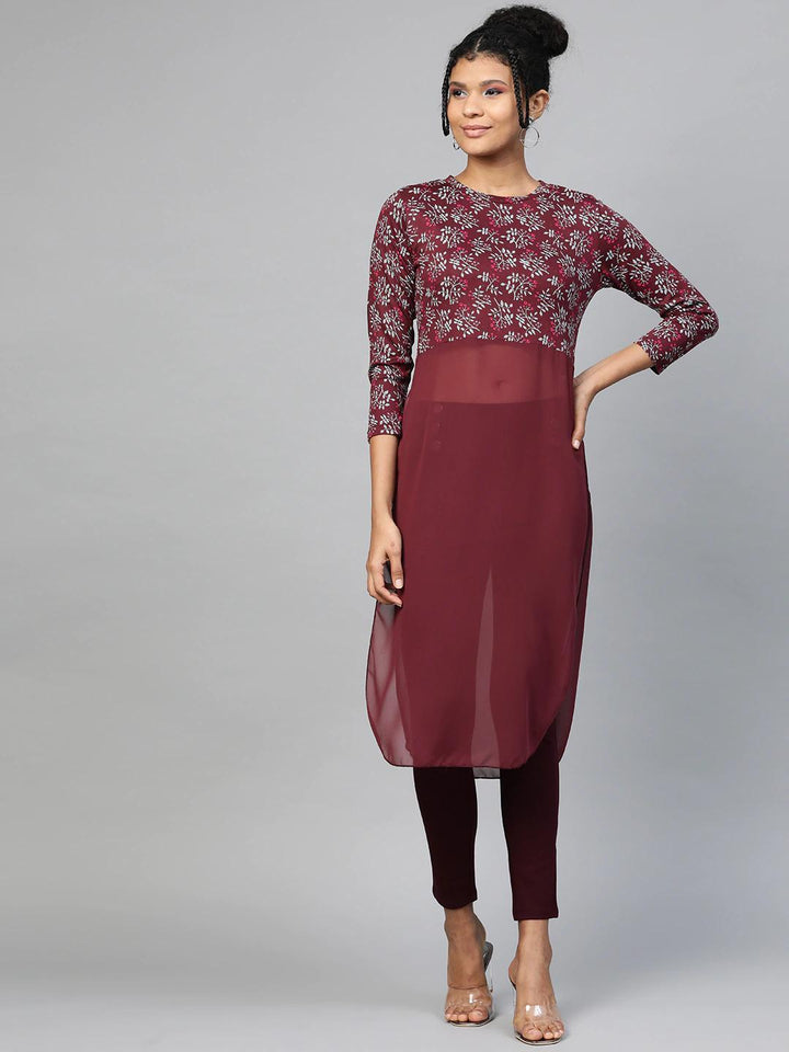 Women's Maroon Floral Side Slit Longline Top - SASSAFRAS
