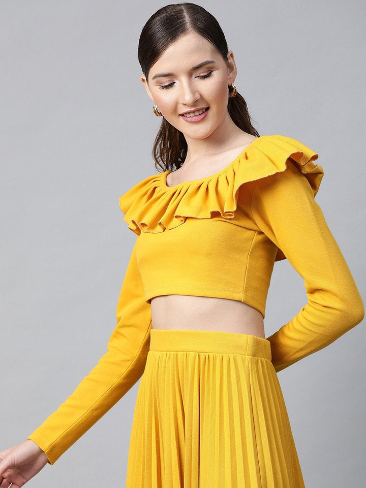 Women's Mustard Frilly Neck Rib Crop Top - SASSAFRAS