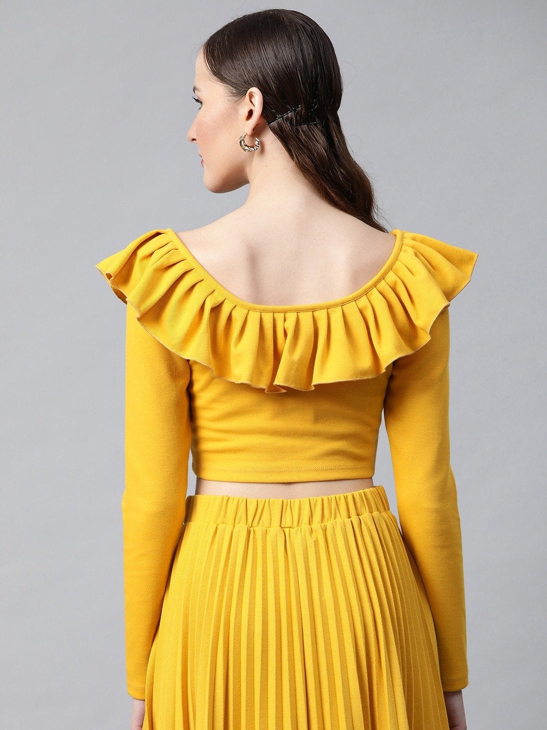 Women's Mustard Frilly Neck Rib Crop Top - SASSAFRAS