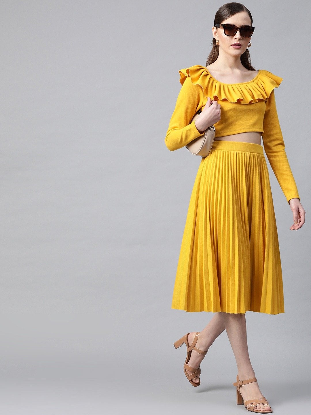 Women's Mustard Frilly Neck Rib Crop Top - SASSAFRAS