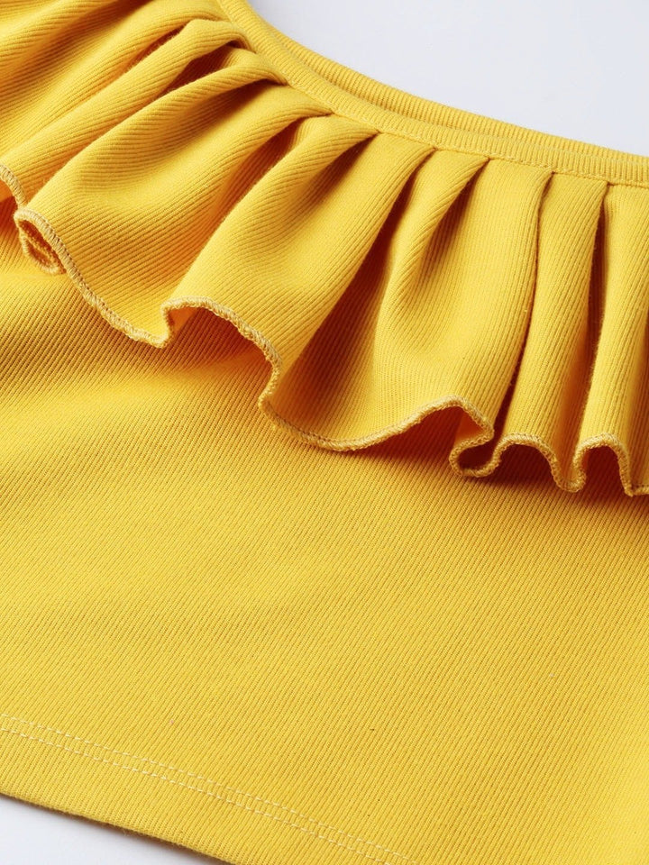 Women's Mustard Frilly Neck Rib Crop Top - SASSAFRAS
