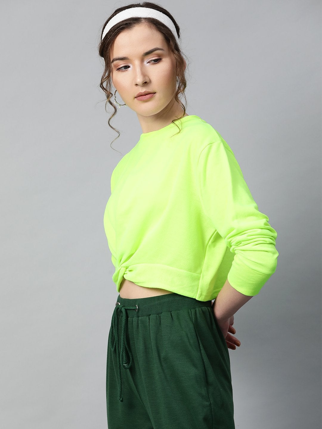 Women's Neon Green Terry Knot Crop Top - SASSAFRAS