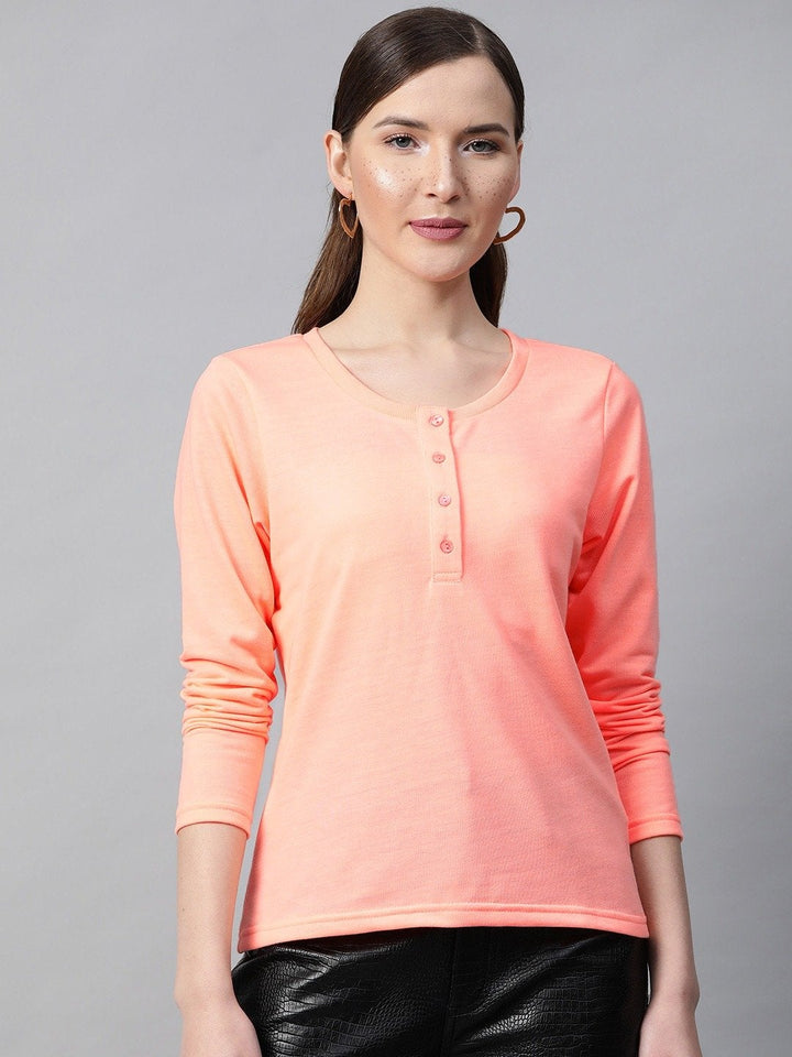 Women's Peach Henley Full Sleeve T-Shirt - SASSAFRAS