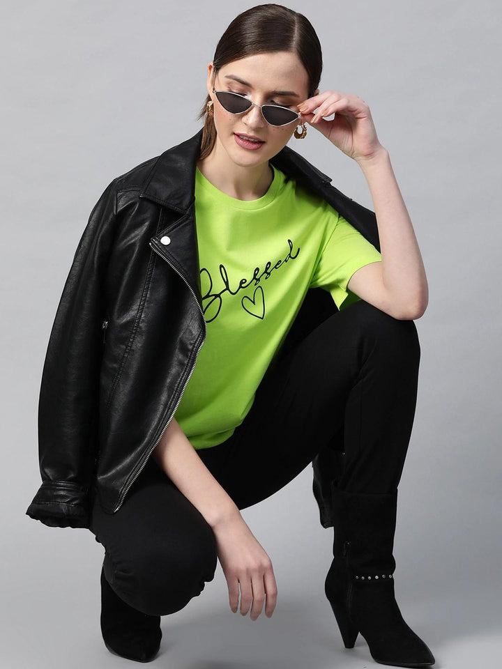 Women's Neon Green Blessed-Print T-Shirt - SASSAFRAS