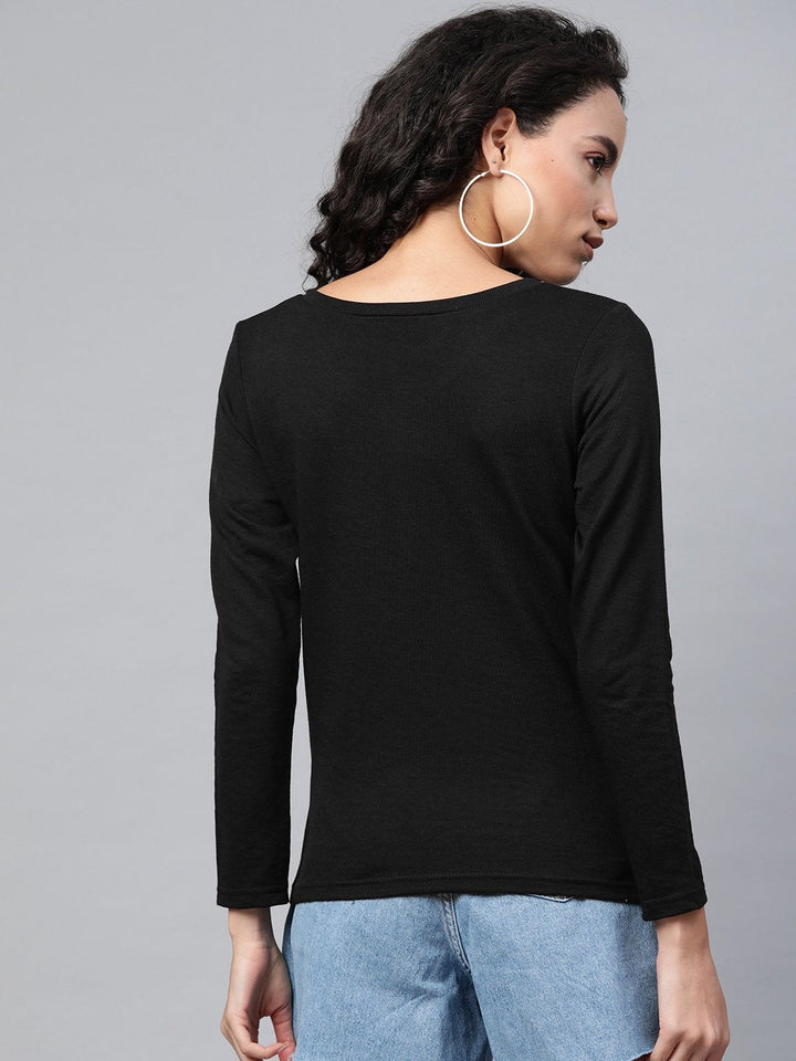 Women's Black Full Sleeve Henley T-Shirt - SASSAFRAS