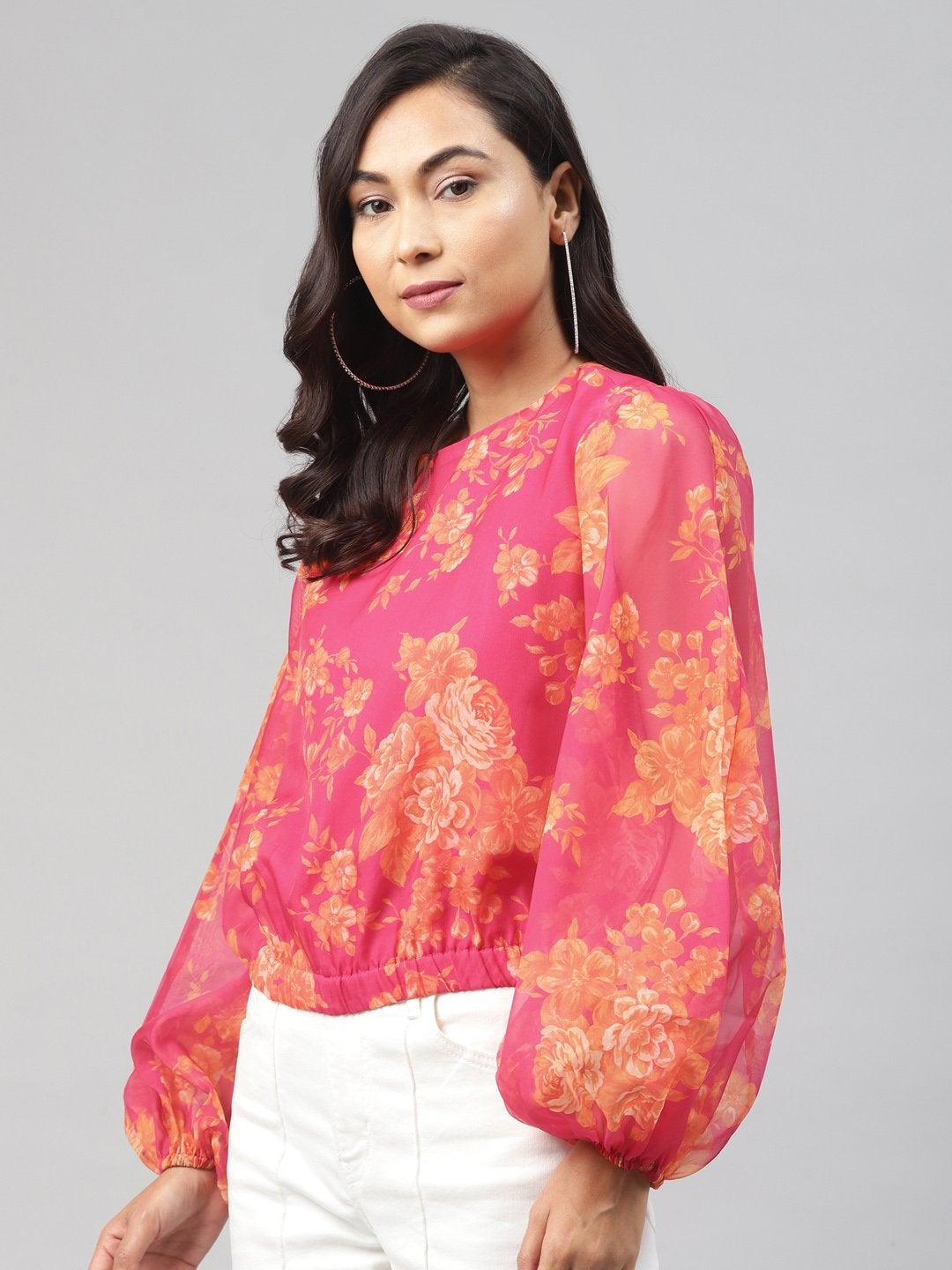 Women's Fuchsia Floral Balloon Sleeve Crop Top - SASSAFRAS