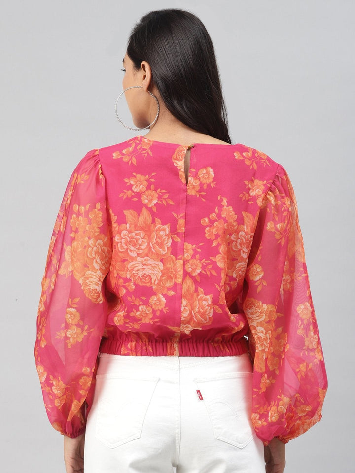 Women's Fuchsia Floral Balloon Sleeve Crop Top - SASSAFRAS