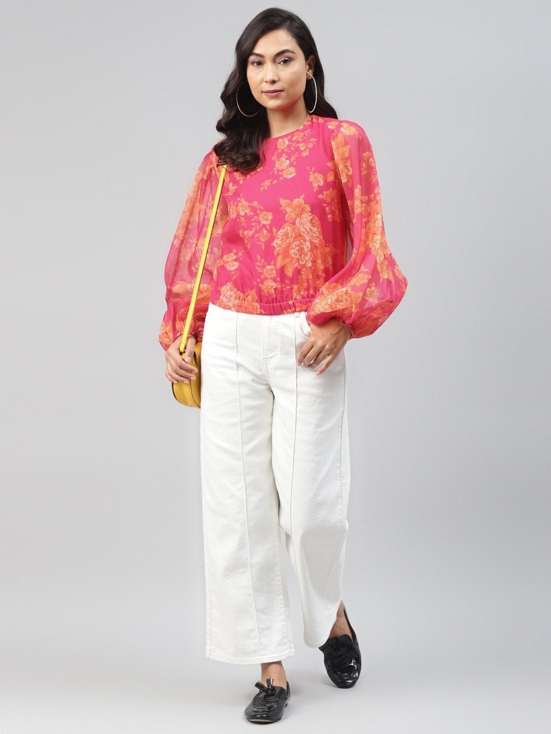 Women's Fuchsia Floral Balloon Sleeve Crop Top - SASSAFRAS