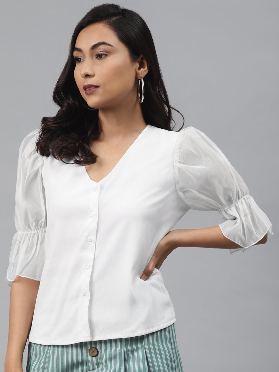 Women's Off White Front Button Puff Sleeve Top - SASSAFRAS