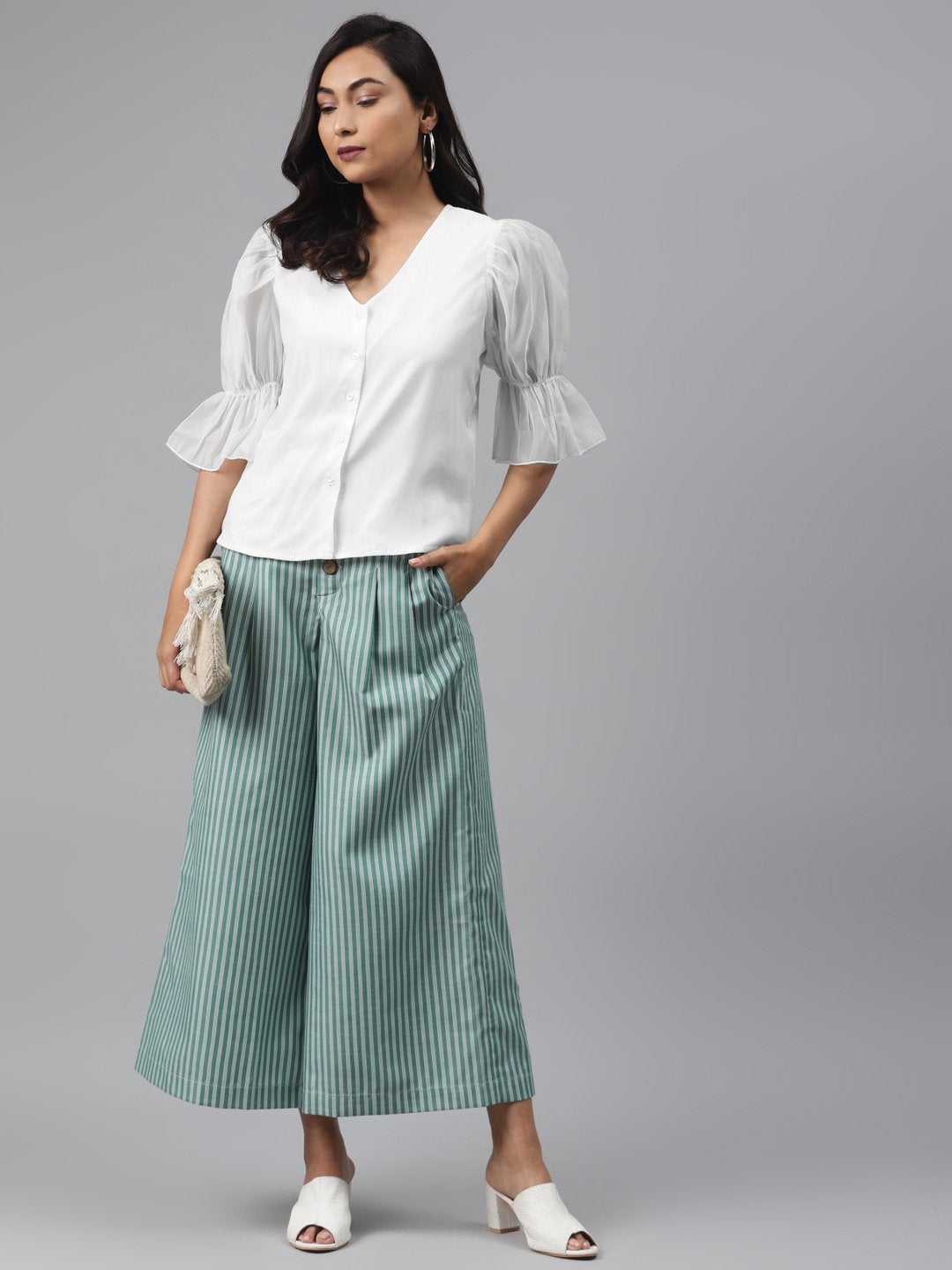 Women's Off White Front Button Puff Sleeve Top - SASSAFRAS
