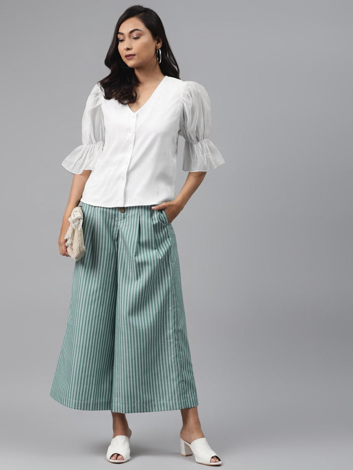 Women's Off White Front Button Puff Sleeve Top - SASSAFRAS