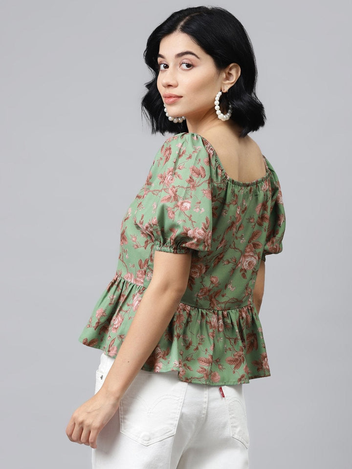 Women's Green Floral Front Button Peplum Top - SASSAFRAS