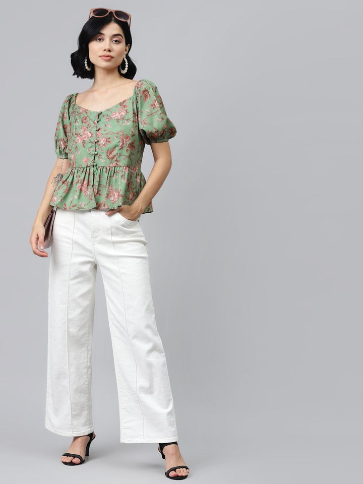 Women's Green Floral Front Button Peplum Top - SASSAFRAS