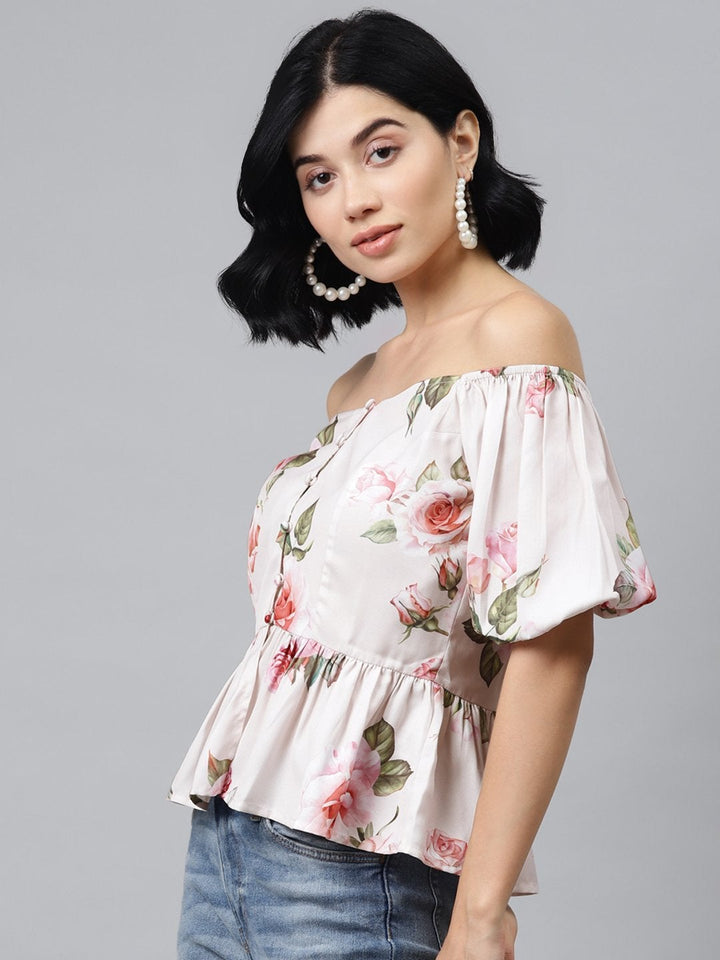 Women's Nude Floral Front Button Peplum Top - SASSAFRAS