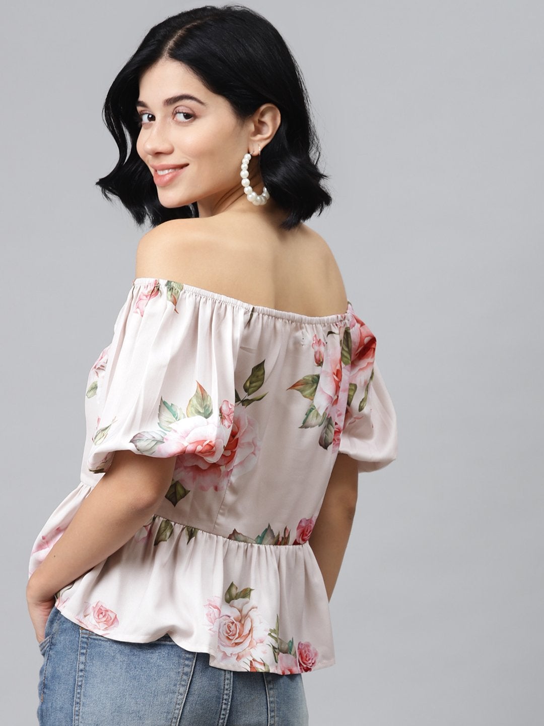 Women's Nude Floral Front Button Peplum Top - SASSAFRAS