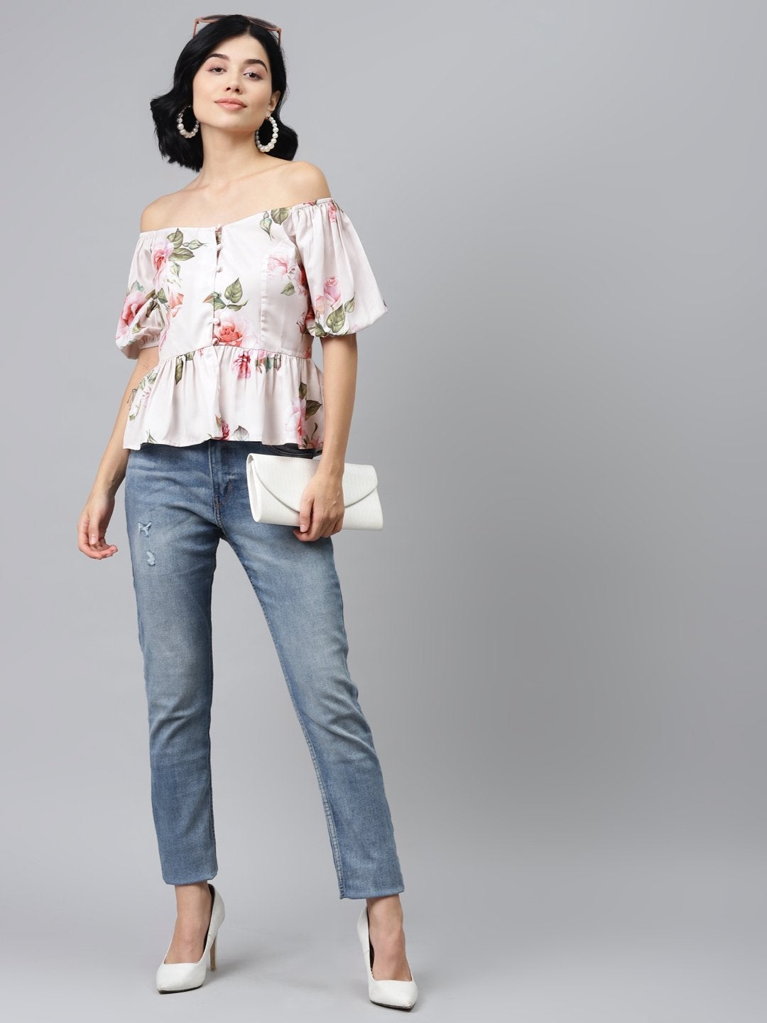 Women's Nude Floral Front Button Peplum Top - SASSAFRAS