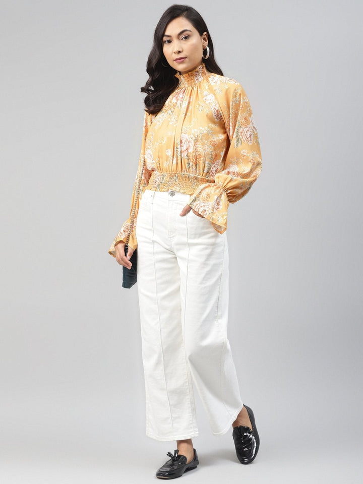 Women's Mustard Floral Smocking Detail Crop Top - SASSAFRAS
