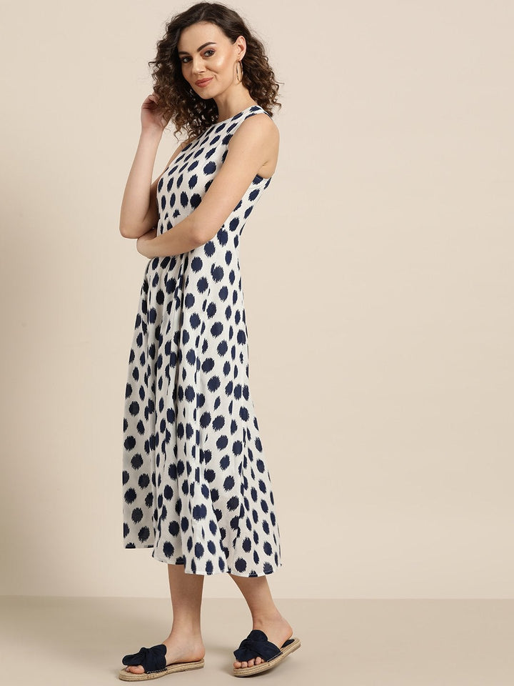 Women's Navy Polka Deep Cut Sleeveless Dress - SASSAFRAS