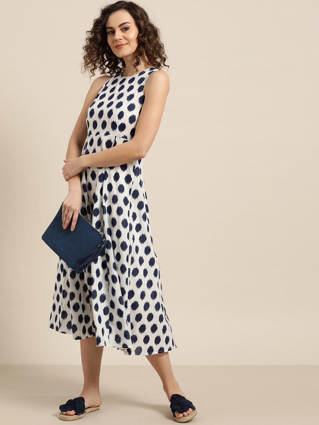 Women's Navy Polka Deep Cut Sleeveless Dress - SASSAFRAS