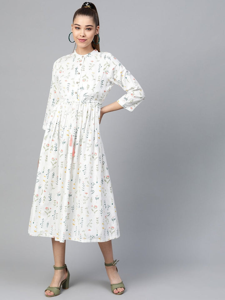 Women's White Floral Drawstring Dress - SASSAFRAS
