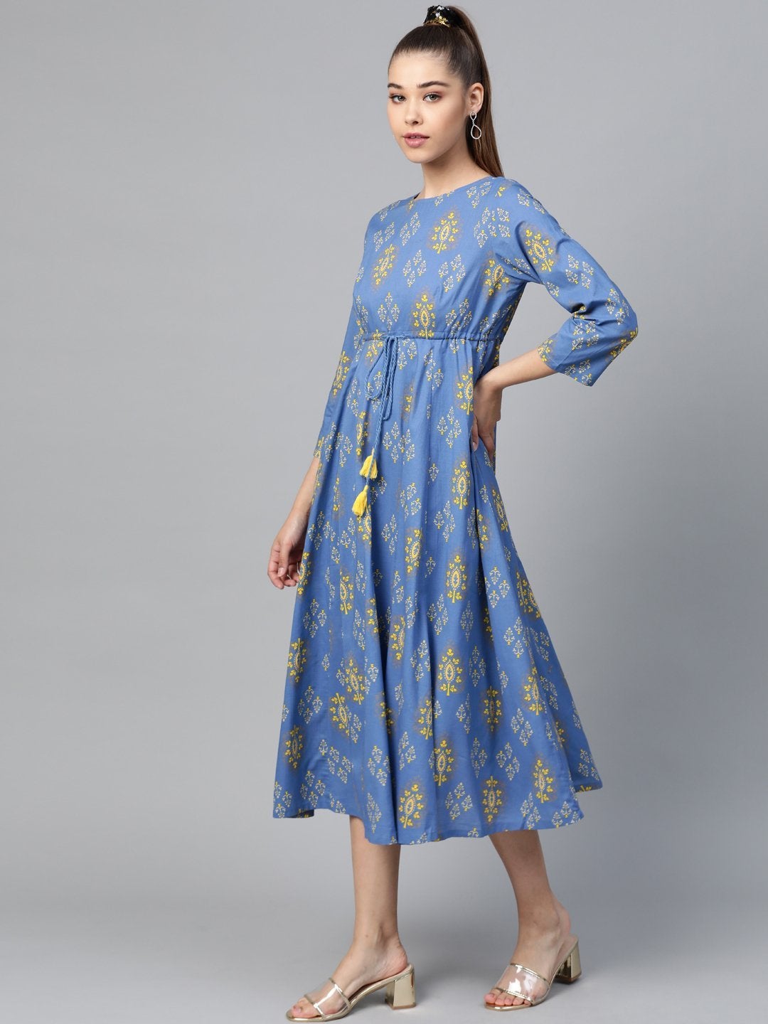 Women's Blue Floral Drawstring Anarkali Dress - SHAE