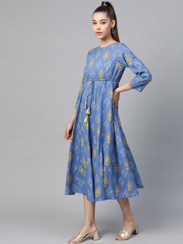 Women's Blue Floral Drawstring Anarkali Dress - SHAE