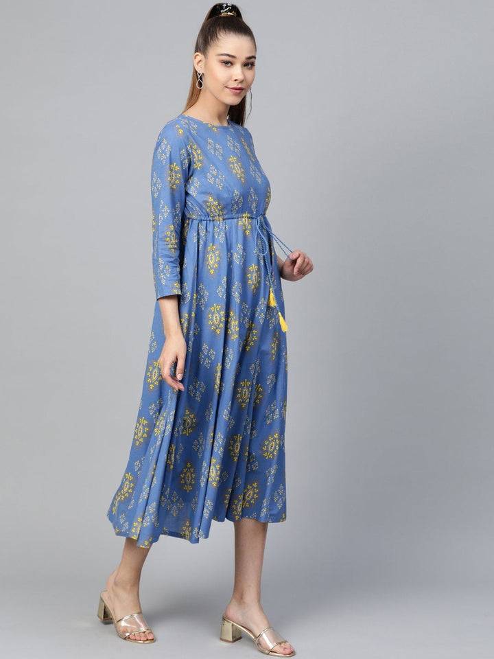 Women's Blue Floral Drawstring Anarkali Dress - SHAE