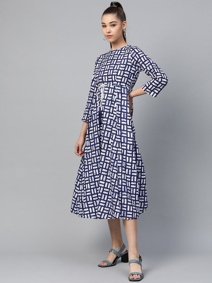 Women's Navy Geo Print Drawstring Anarkali Dress - SHAE