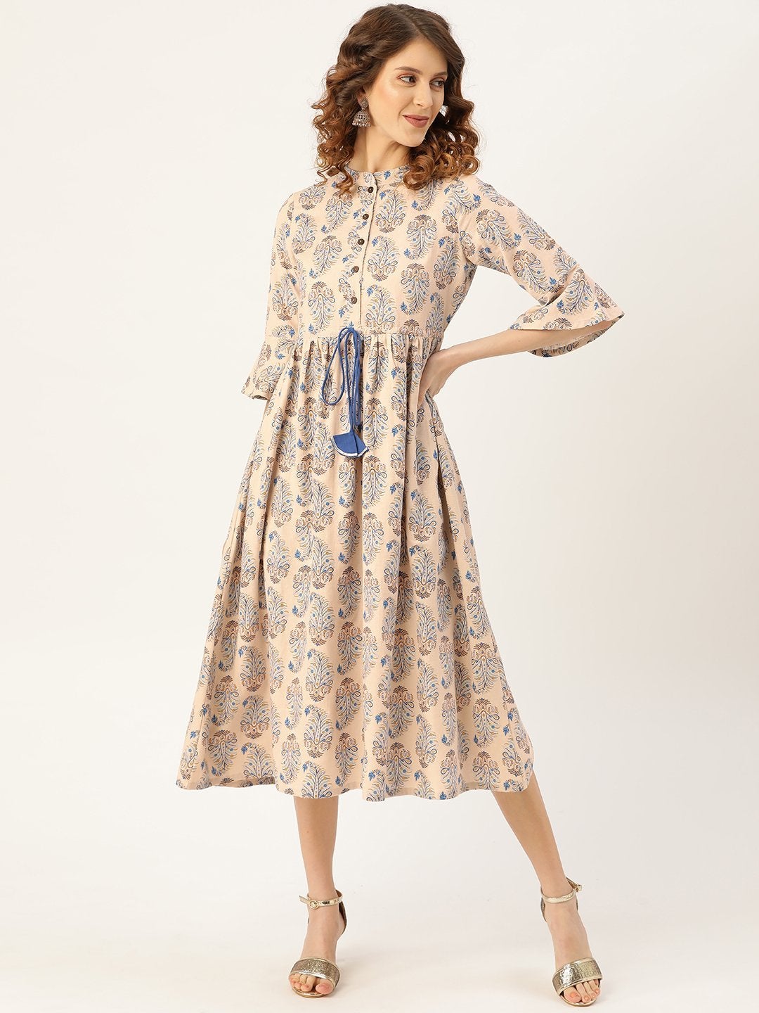Women's Beige Paisely Drawstring Dress - SASSAFRAS
