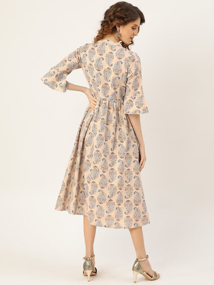 Women's Beige Paisely Drawstring Dress - SASSAFRAS