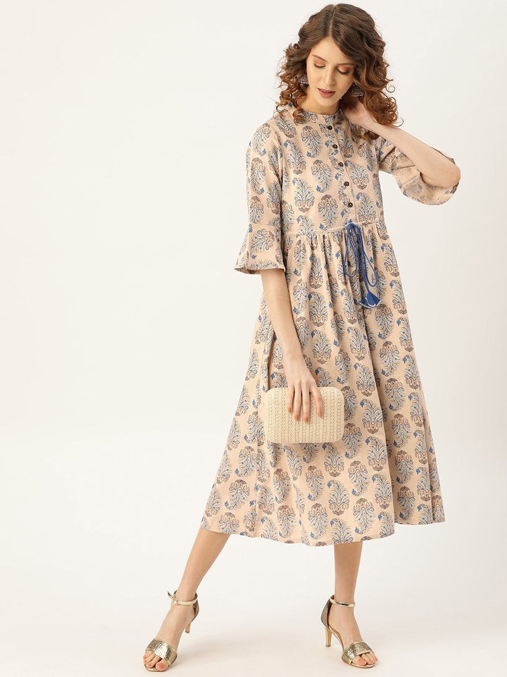 Women's Beige Paisely Drawstring Dress - SASSAFRAS