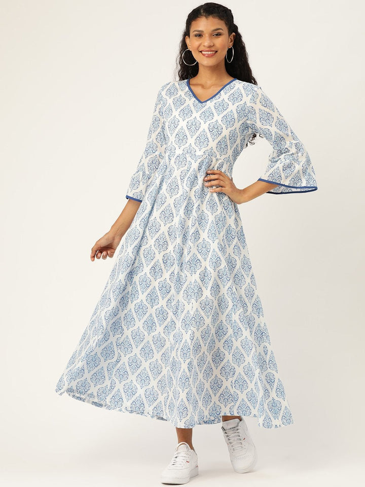 Women's Blue Motif Floral Anarkali Maxi - SHAE