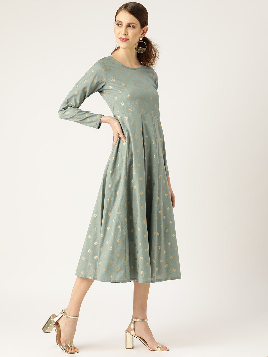 Women's Teal Small Booti Foil Anrakali Dress - SASSAFRAS