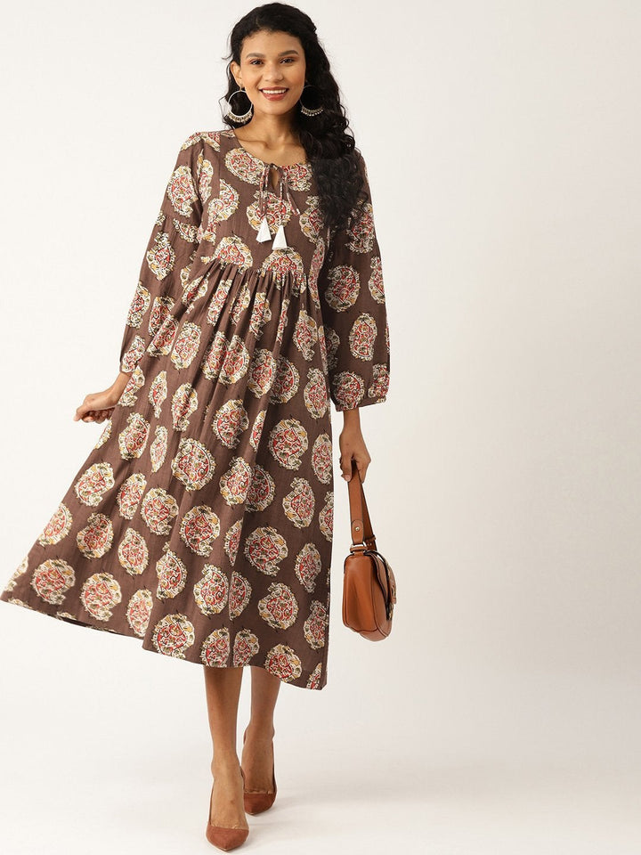 Women's Brown Paisely Bishop Sleeve Midi Dress - SASSAFRAS